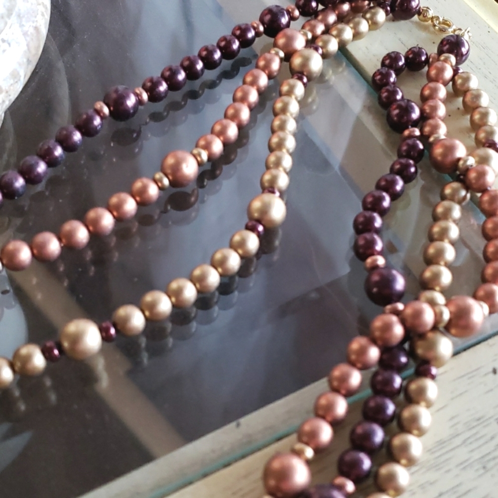 Vintage 3 Strand Metallic Pearl Necklace